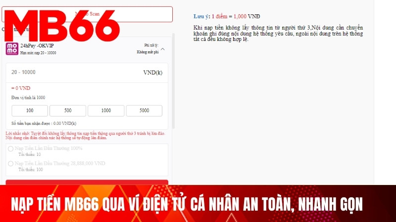 Nạp tiền MB66 qua ví điện tử cá nhân an toàn, nhanh gọn